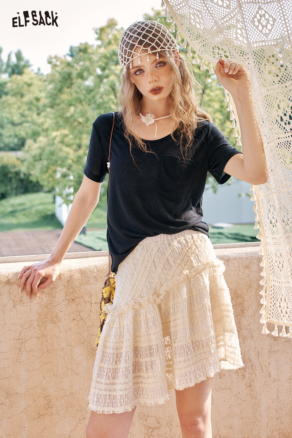 ELFSACK Casual Loose Solid Color Short Sleeve T-Shirt