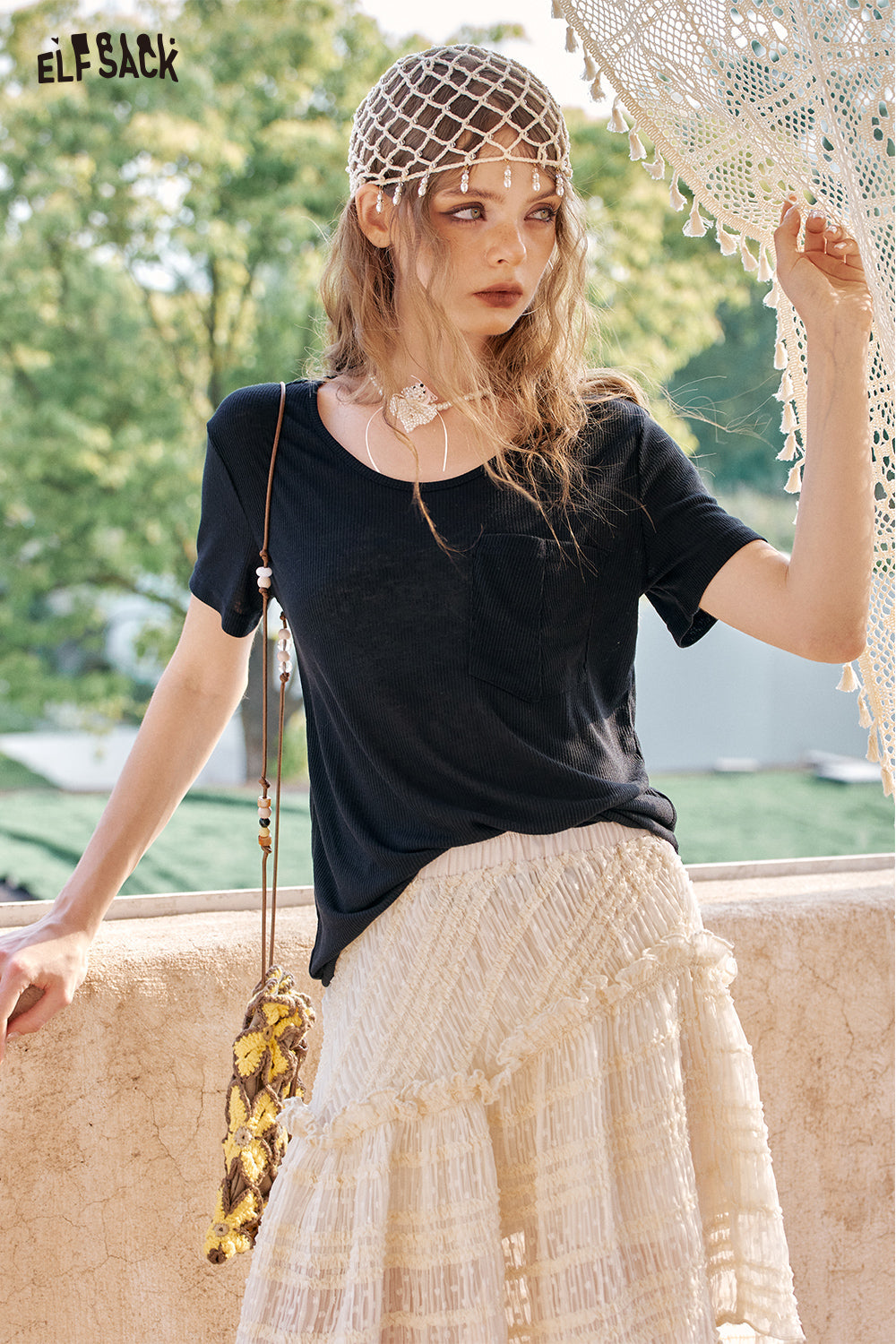 ELFSACK Casual Loose Solid Color Short Sleeve T-Shirt