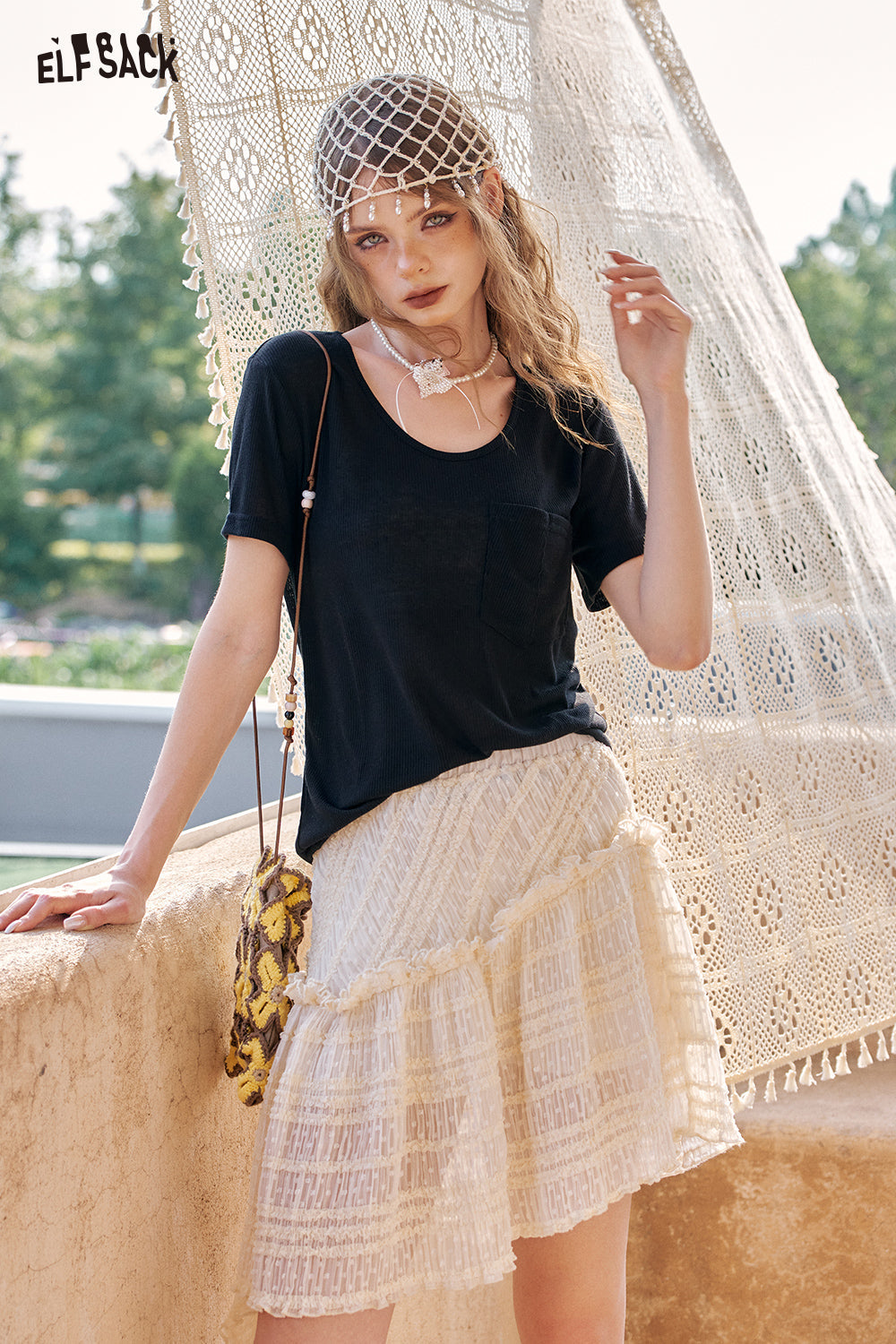 ELFSACK Casual Loose Solid Color Short Sleeve T-Shirt