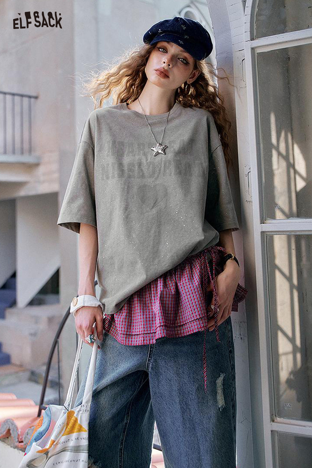 ELFSACK Retro Casual With Shiny Short Sleeve T-Shirt