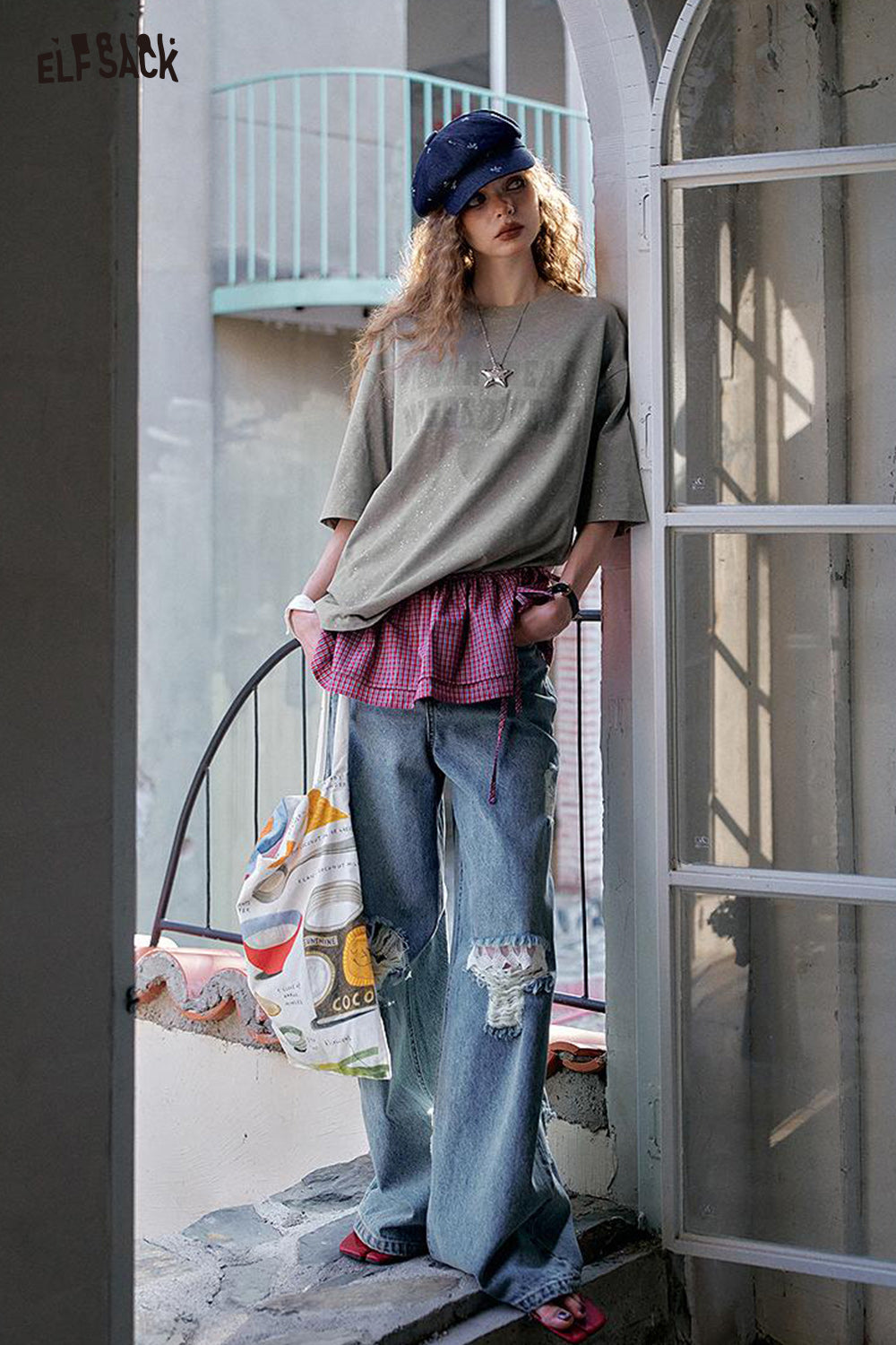 ELFSACK Retro Casual With Shiny Short Sleeve T-Shirt