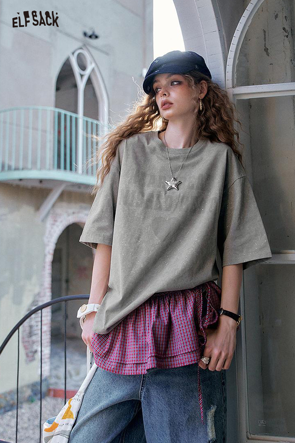 ELFSACK Retro Casual With Shiny Short Sleeve T-Shirt