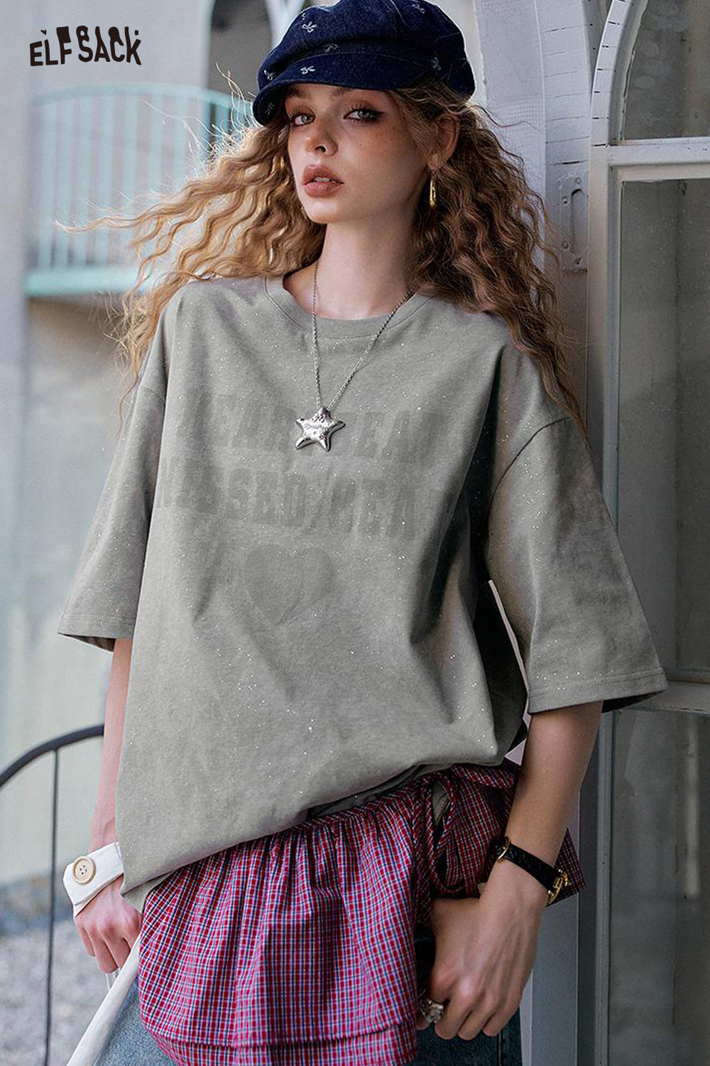 ELFSACK Retro Casual With Shiny Short Sleeve T-Shirt