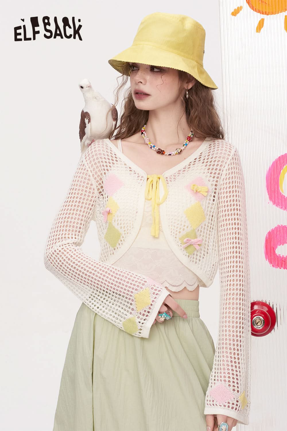 ELFSACK Hollow Out Casual Knitted Cardigan