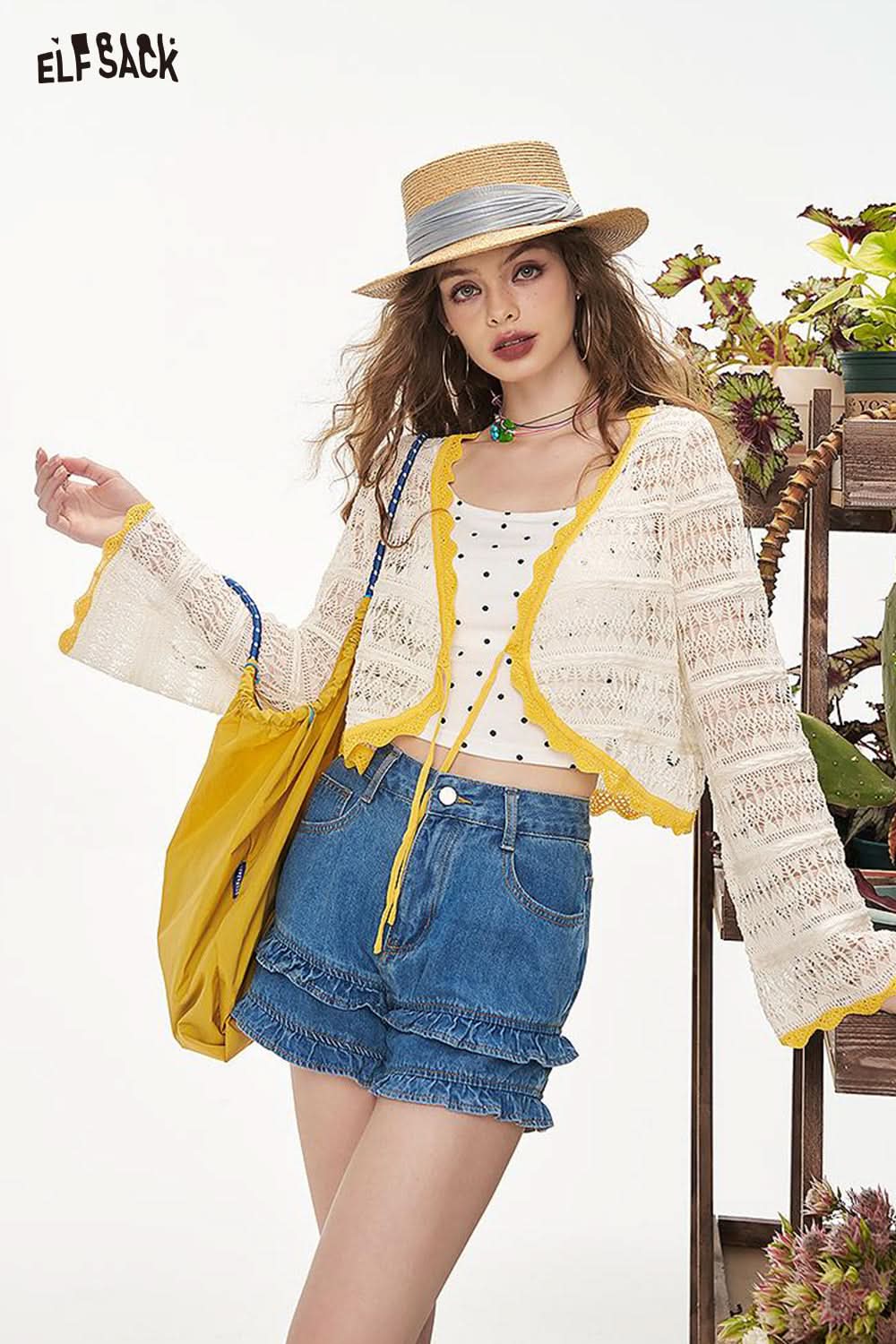 ELFSACK Color Blocked Hollow Knitted Chic Cardigan