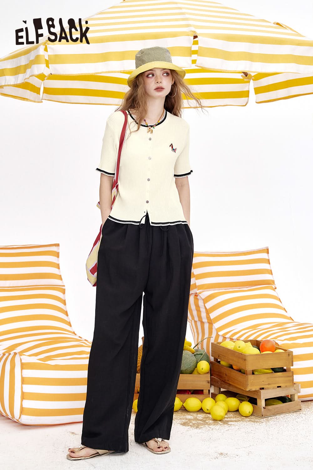 ELFSACK Y2K Little Dog Embroidered Short Sleeve Knitted Sweater