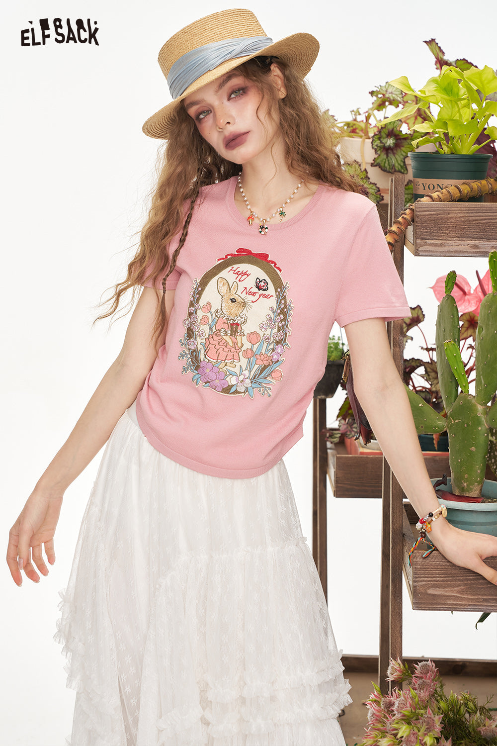 ELFSACK Pink Rabbit Pleated Short Sleeve Knitted Chic Sweater