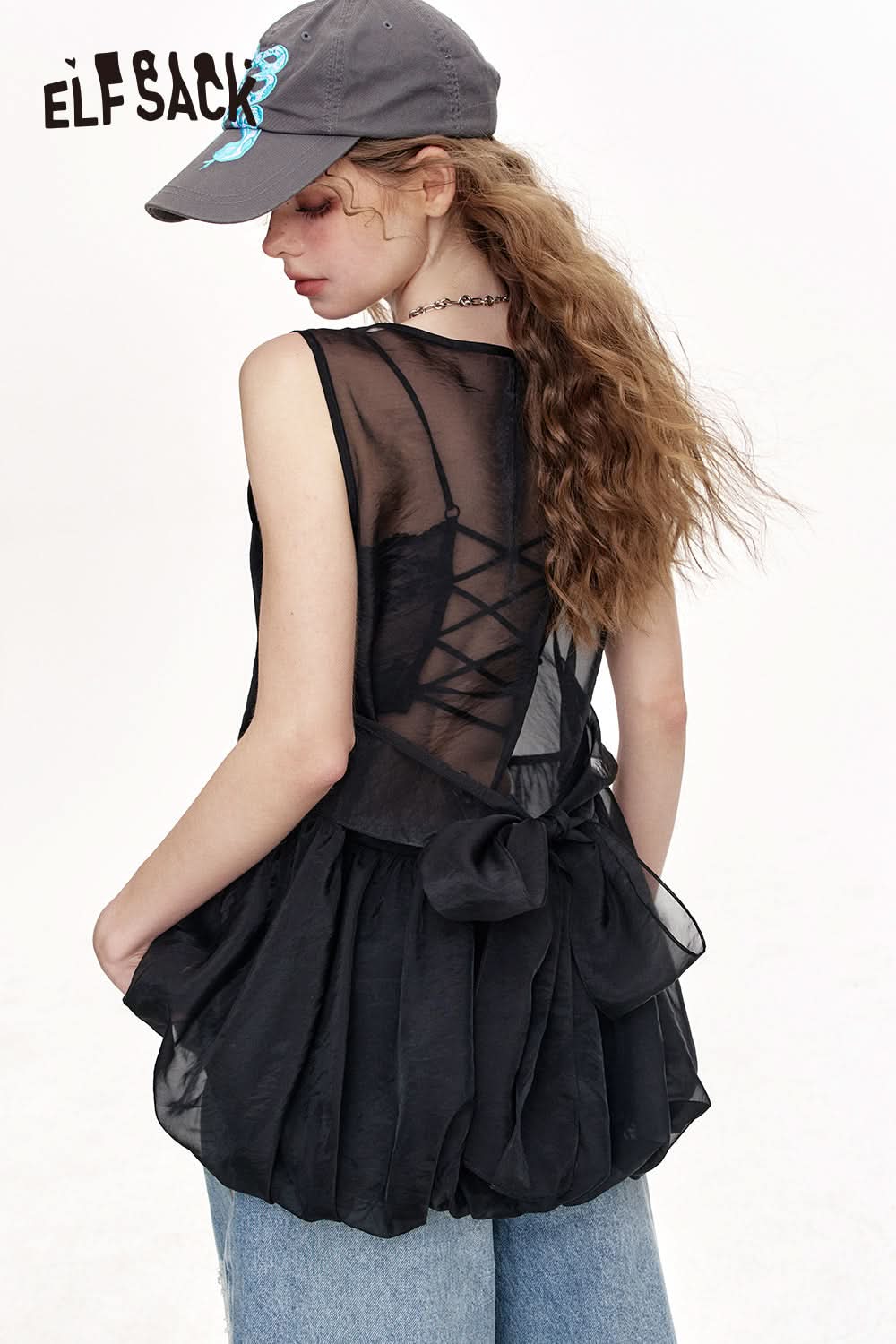 ELFSACK Black Sleeveless Lace Chic Blouse