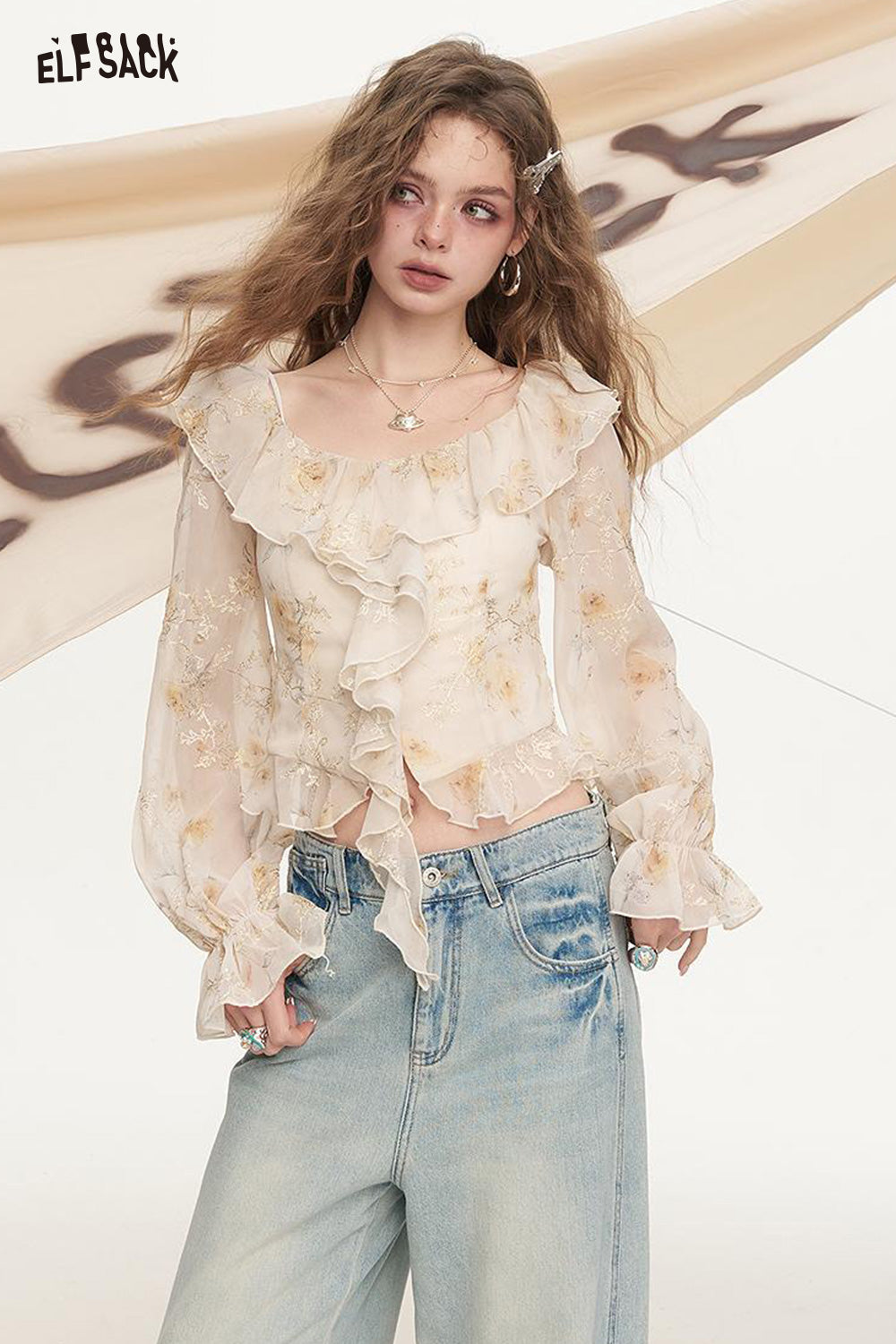ELFSACK Lotus Leaf Edge Lightweight Long Sleeved Chiffon Shirt