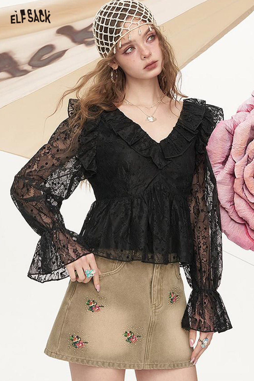 ELFSACK White Hollow Mesh Long Sleeved Lace Shirt