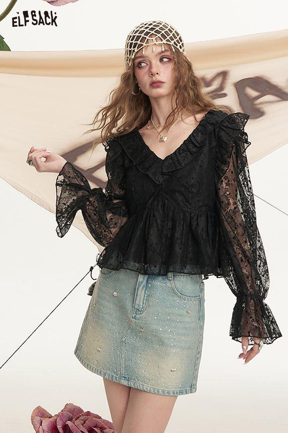 ELFSACK White Hollow Mesh Long Sleeved Lace Shirt