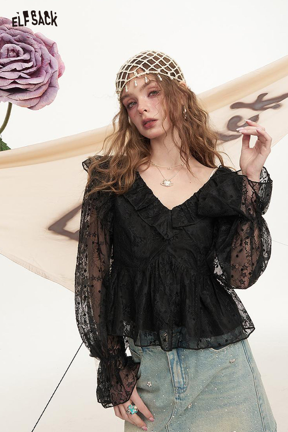 ELFSACK White Hollow Mesh Long Sleeved Lace Shirt