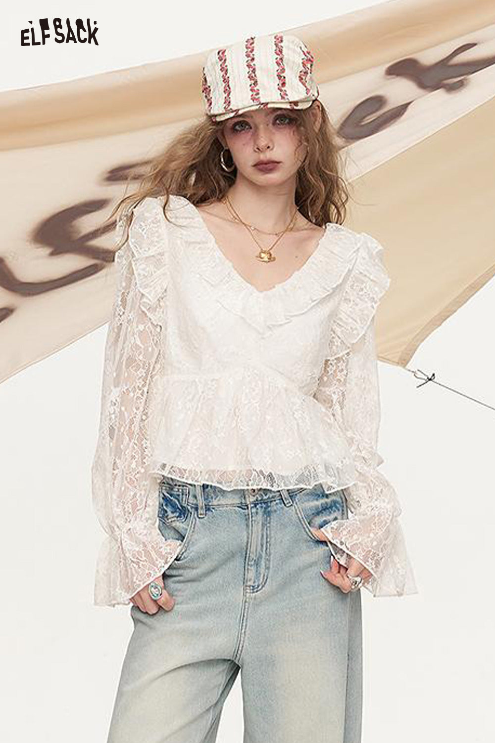 ELFSACK White Hollow Mesh Long Sleeved Lace Shirt