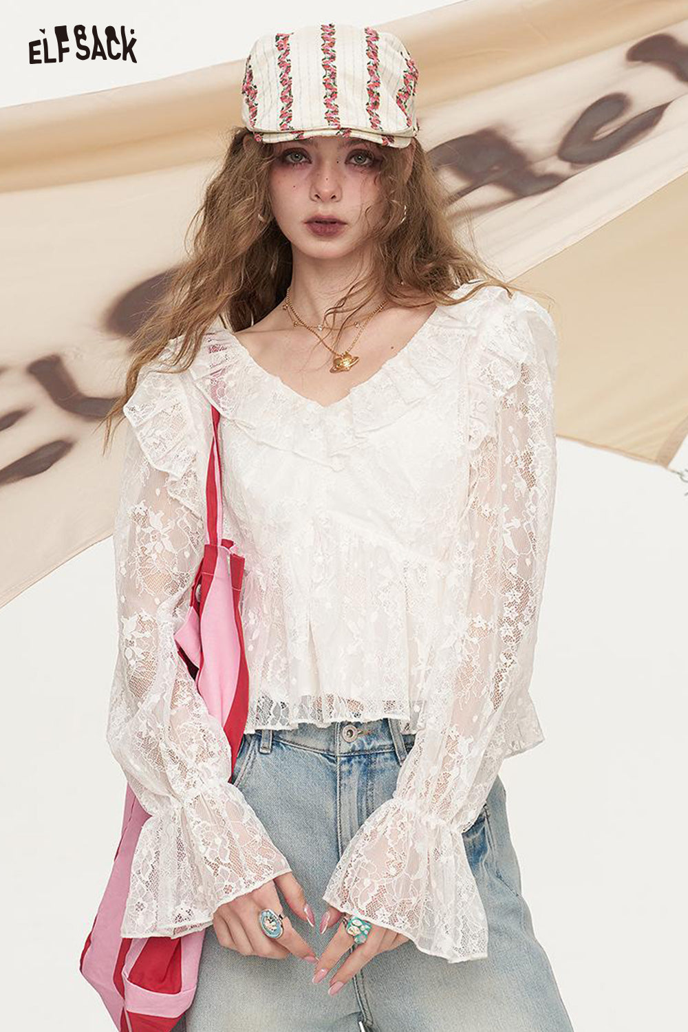 ELFSACK White Hollow Mesh Long Sleeved Lace Shirt