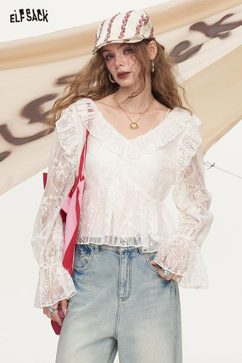ELFSACK White Hollow Mesh Long Sleeved Lace Shirt