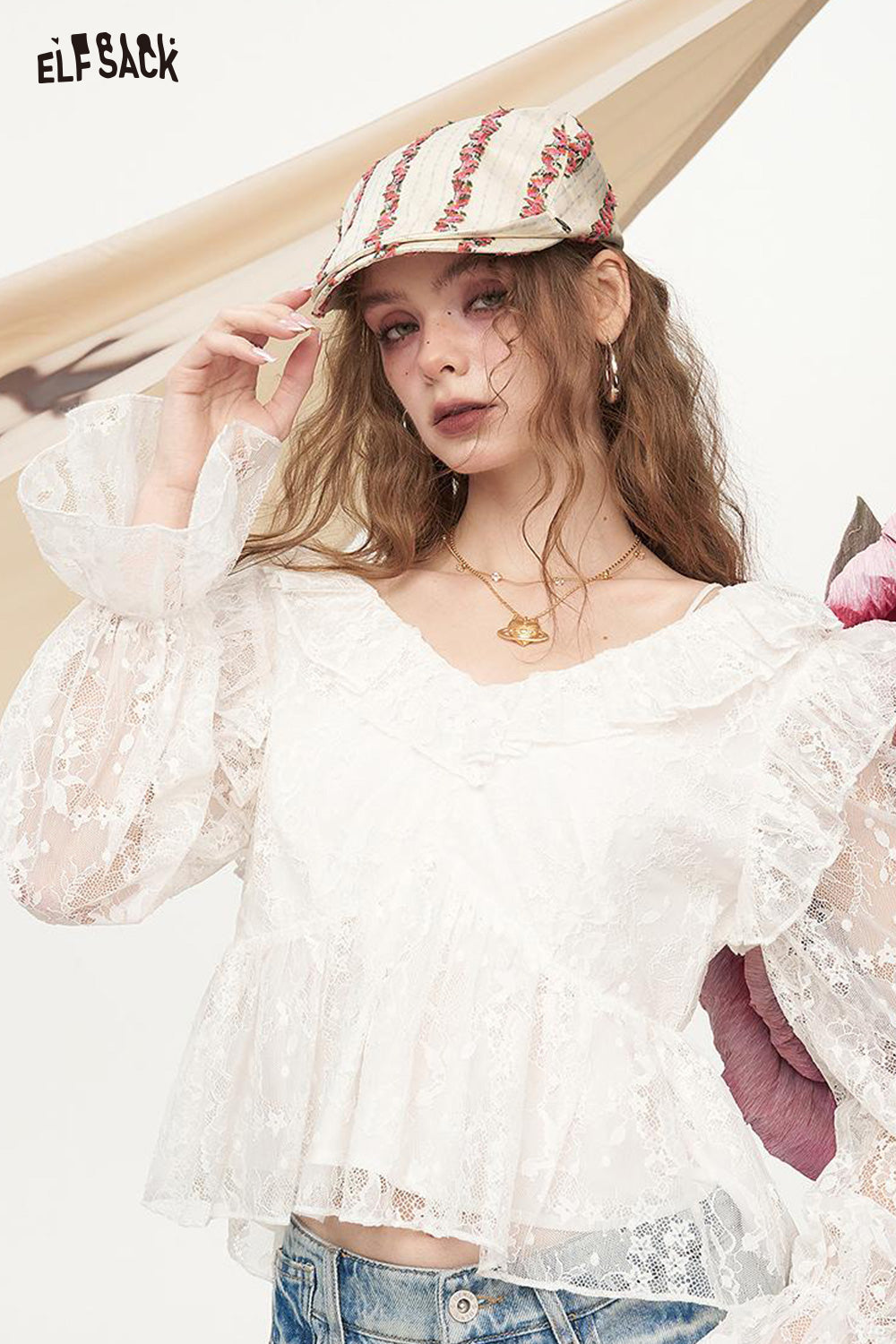 ELFSACK White Hollow Mesh Long Sleeved Lace Shirt