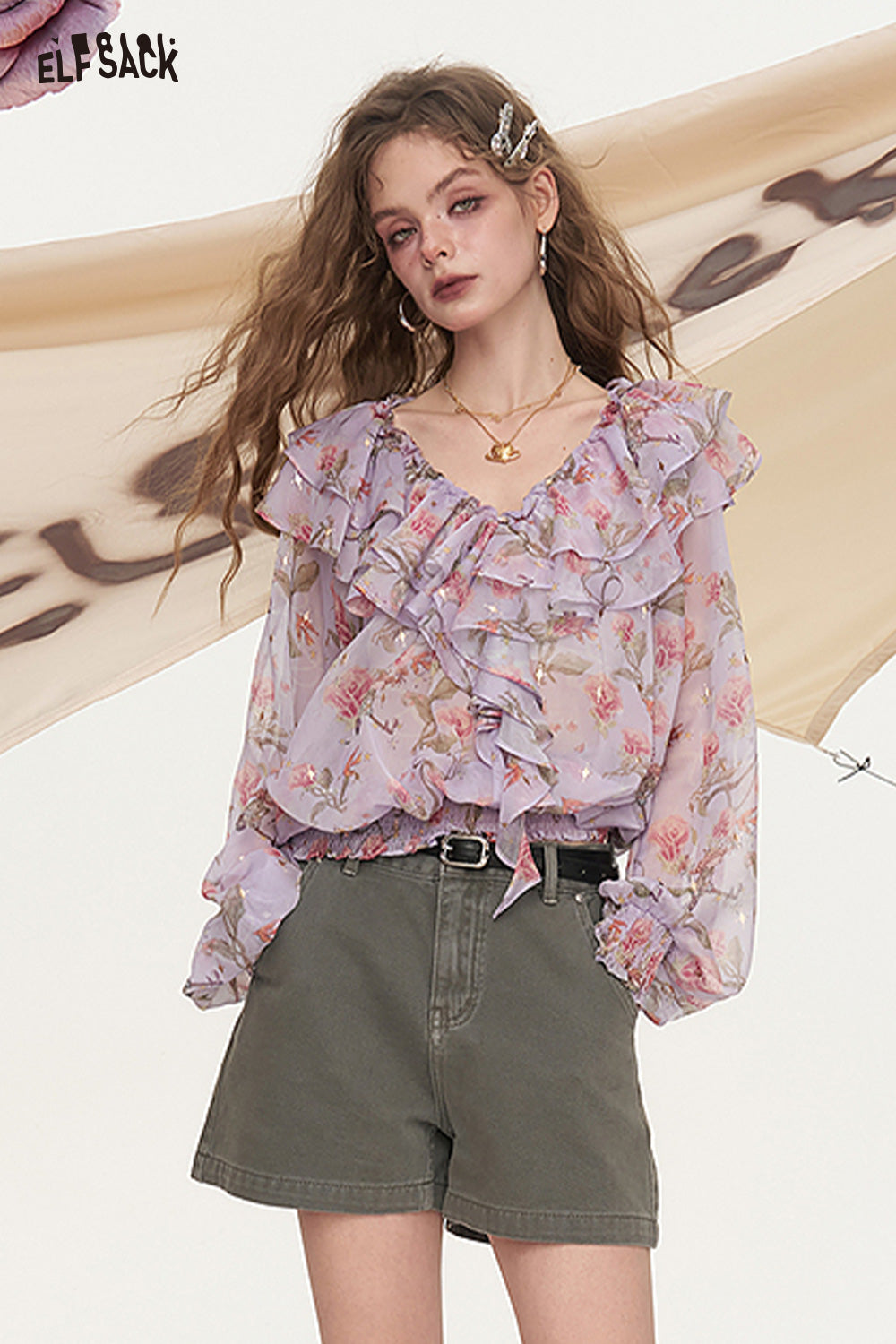 ELFSACK Floral Hot Stamping Printed Chiffon Chic Shirt