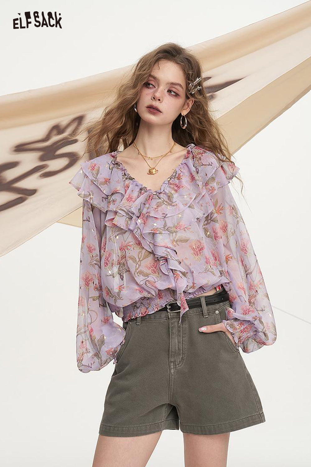 ELFSACK Floral Hot Stamping Printed Chiffon Chic Shirt