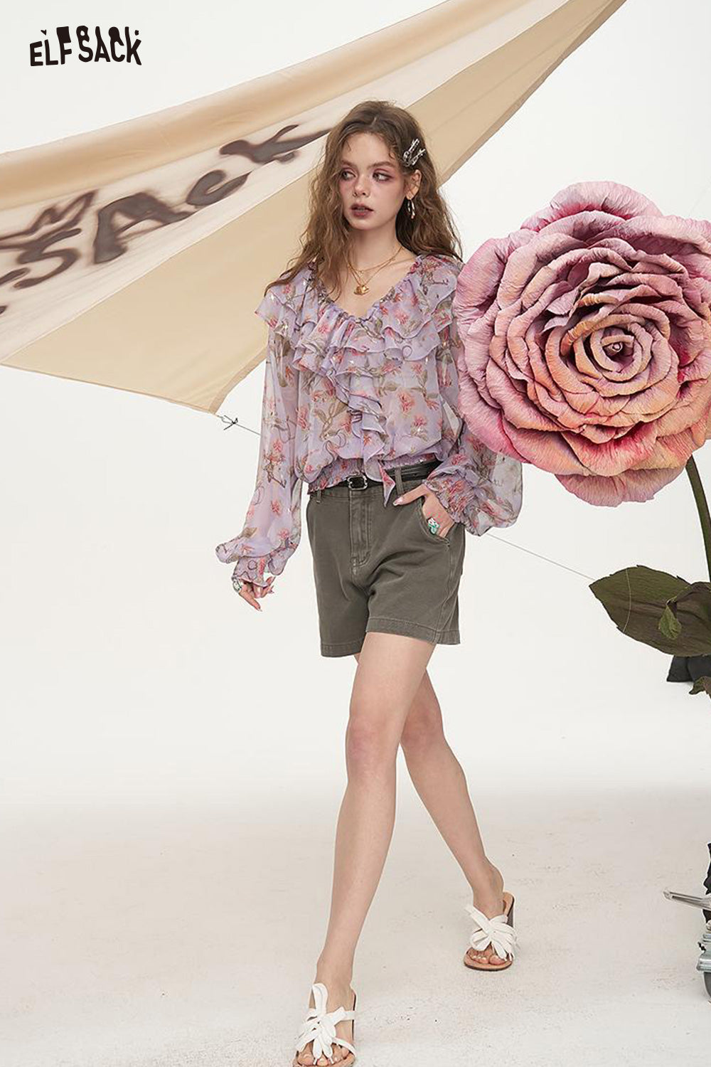 ELFSACK Floral Hot Stamping Printed Chiffon Chic Shirt