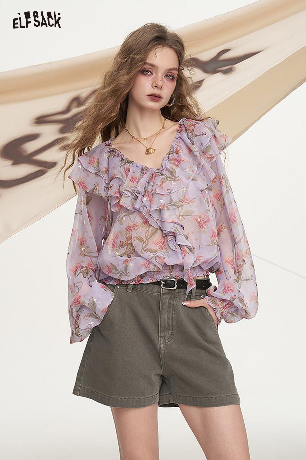 ELFSACK Floral Hot Stamping Printed Chiffon Chic Shirt