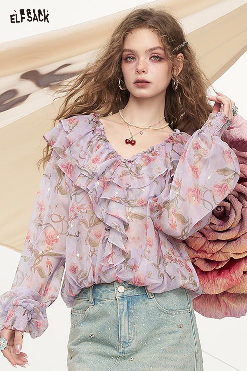 ELFSACK Floral Hot Stamping Printed Chiffon Chic Shirt