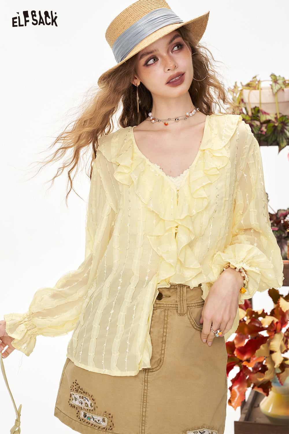 ELFSACK V-Neck Ruffled Chiffon Chic Shirt