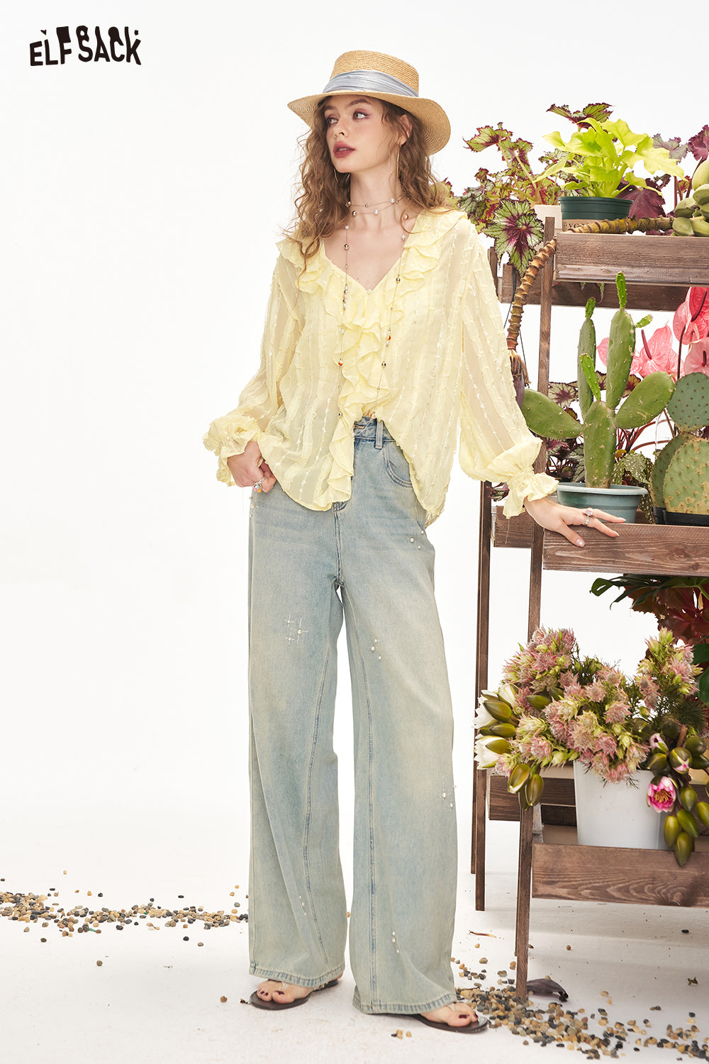 ELFSACK V-Neck Ruffled Chiffon Chic Shirt