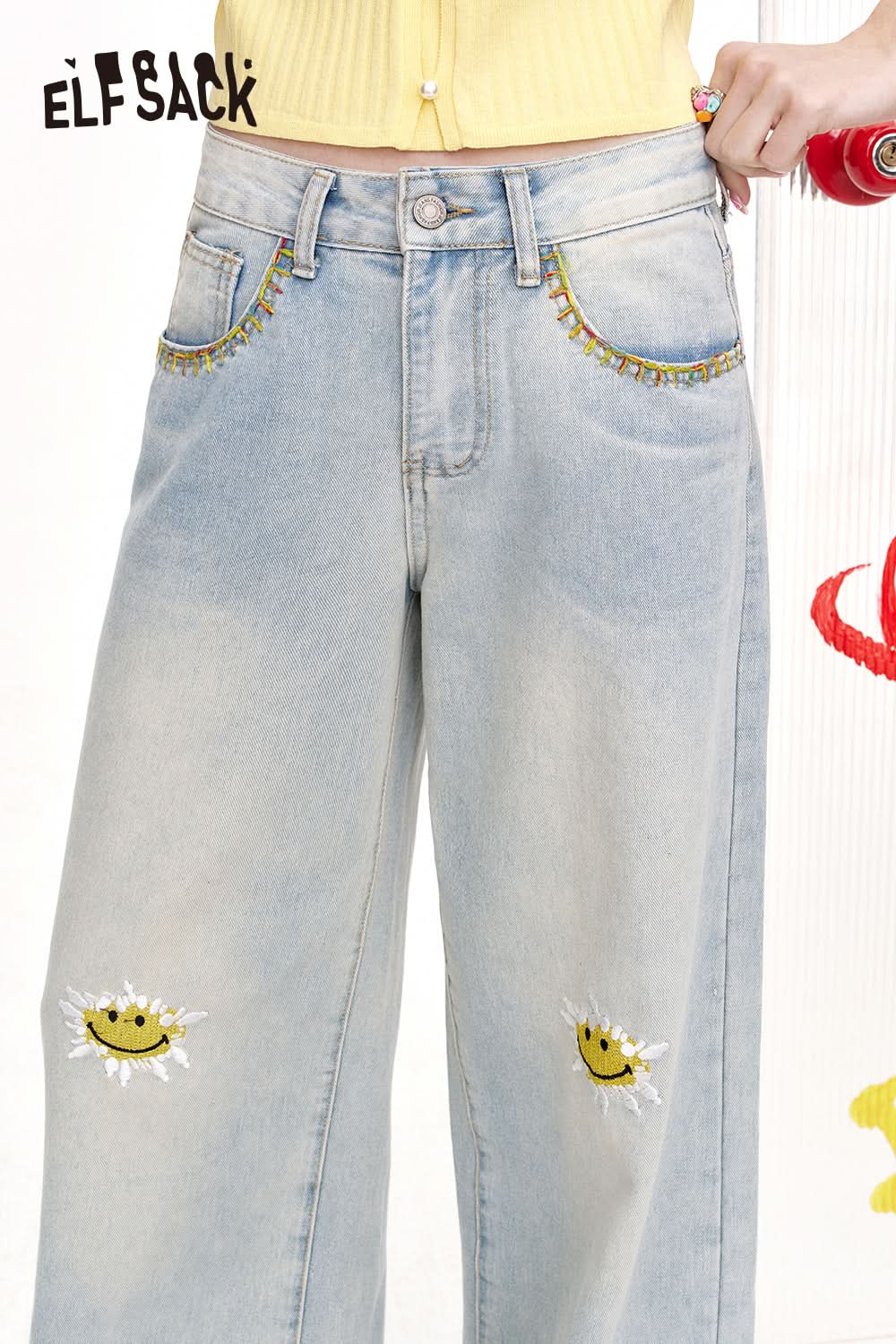 ELFSACK Smiling Face Embroidery Loose Straight Leg Wide Leg Jeans