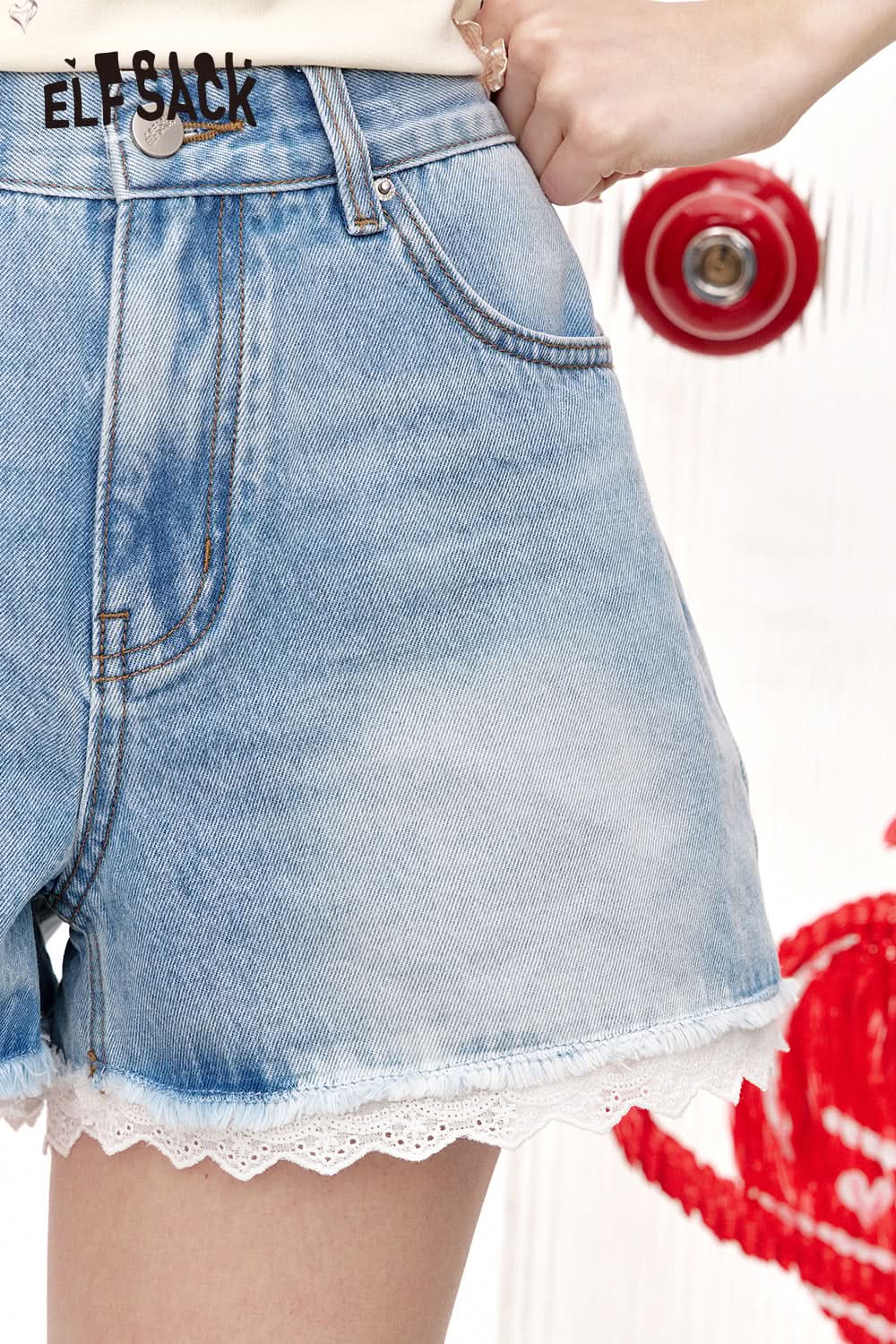 ELFSACK Lace Lace High Waisted Denim Shorts