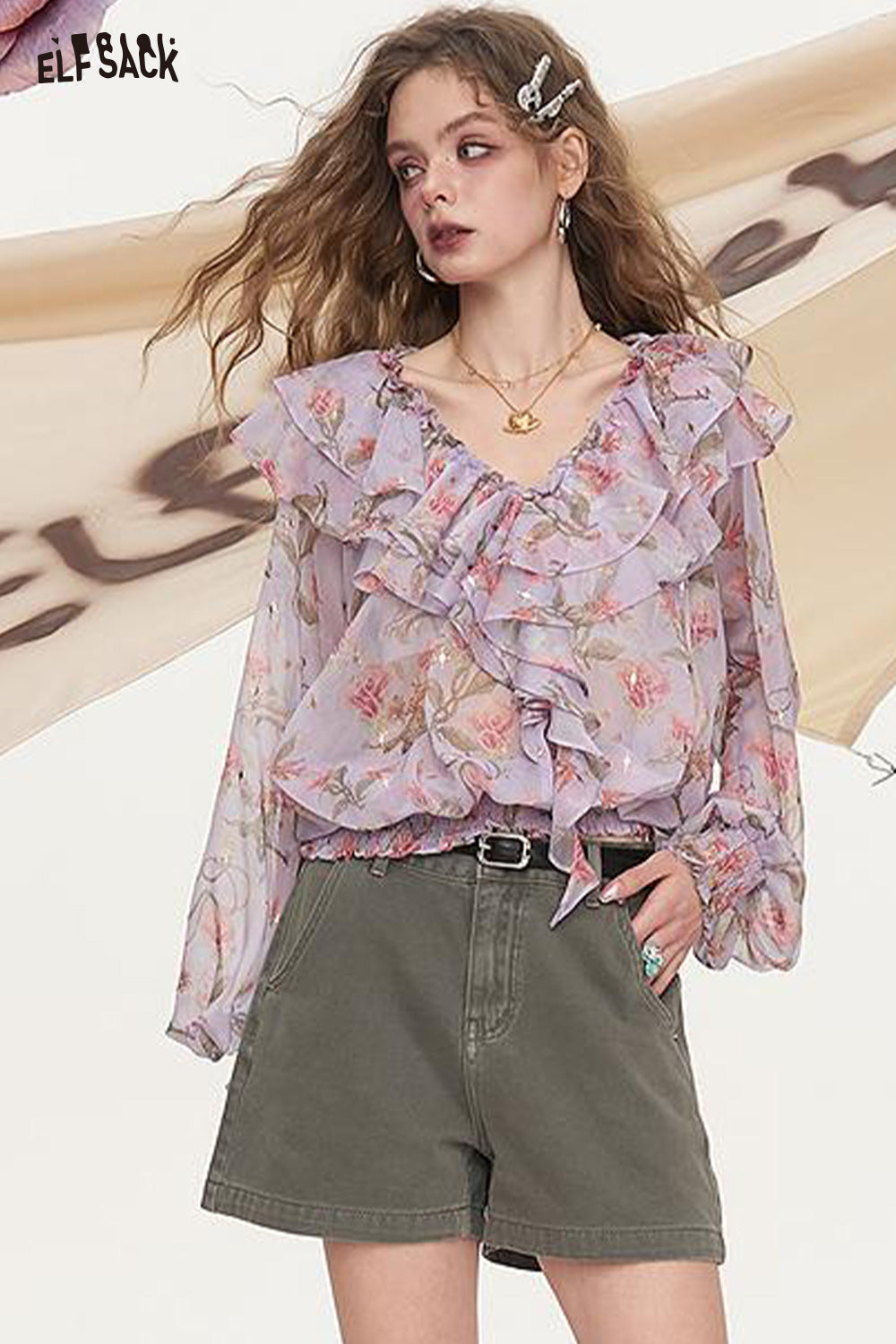 ELFSACK Waistband Loose A-Line Denim Shorts