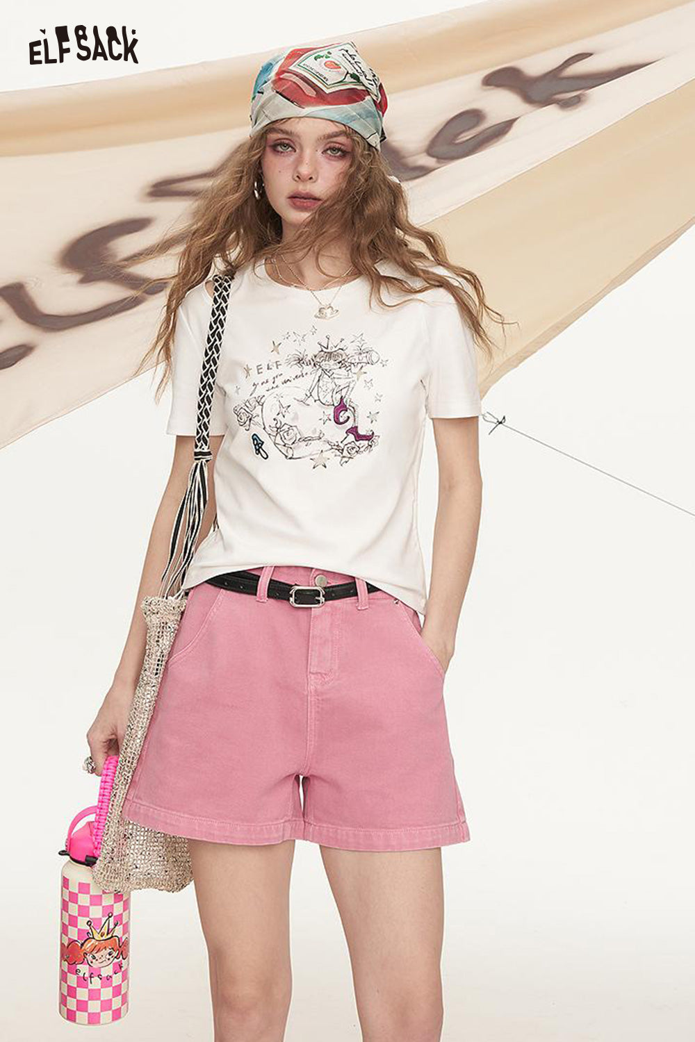 ELFSACK Waistband Loose A-Line Denim Shorts