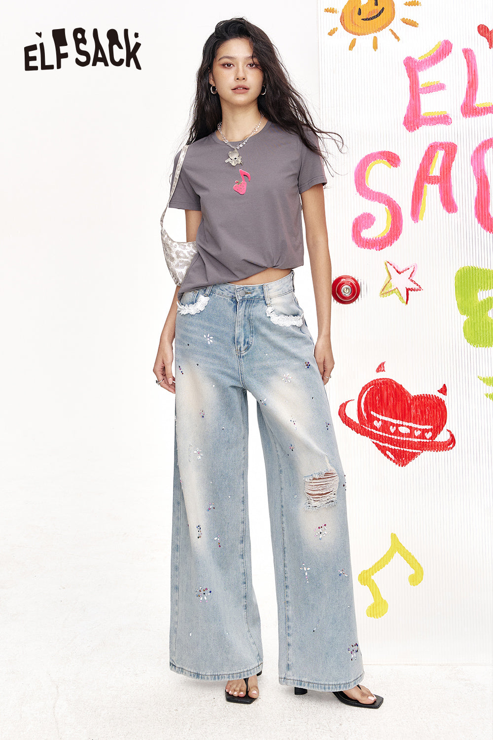 ELFSACK Colorful Diamond Lace Splicing Straight Leg Wide Leg Casual Jeans