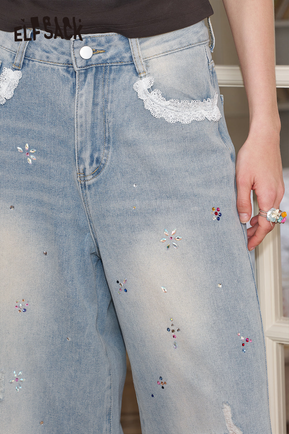 ELFSACK Colorful Diamond Lace Splicing Straight Leg Wide Leg Casual Jeans