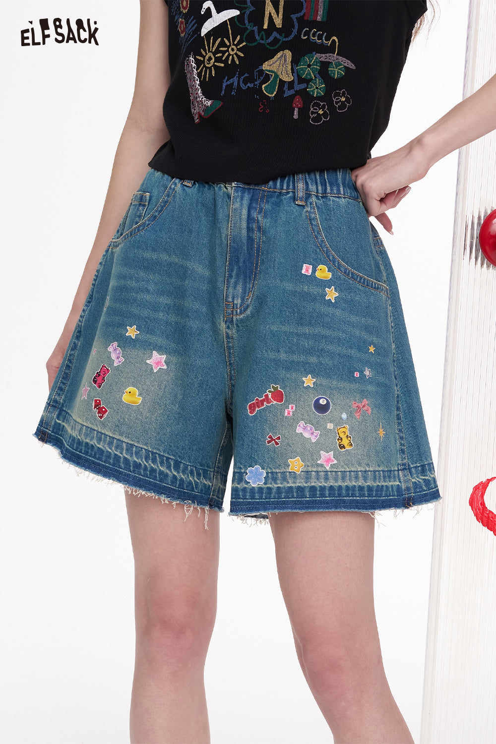ELFSACK A-Line Denim Casual Shorts