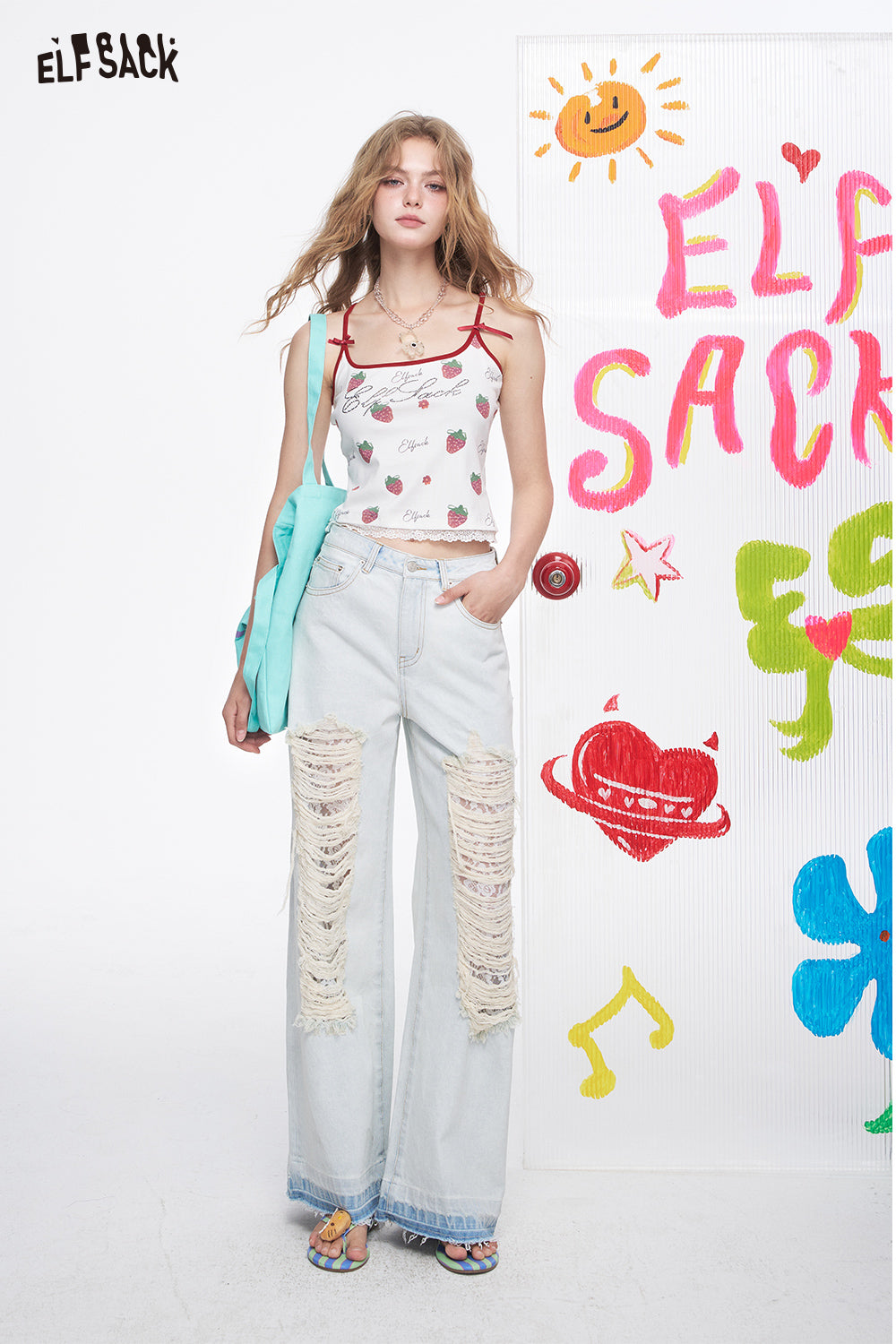ELFSACK Lace With Holes, Light Colored Casual Straight Leg Wide Leg Jeans