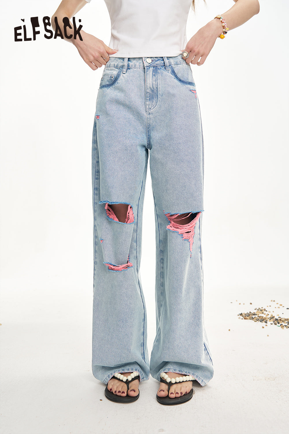 ELFSACK Broken Hole Casual Wide Leg Loose Denim Pants