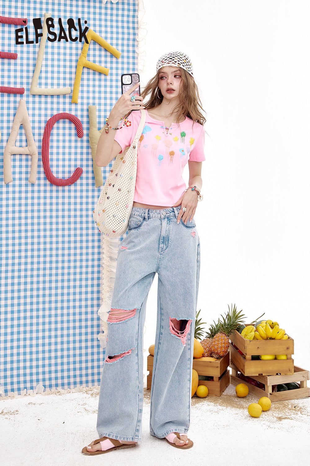 ELFSACK Broken Hole Casual Wide Leg Loose Denim Pants