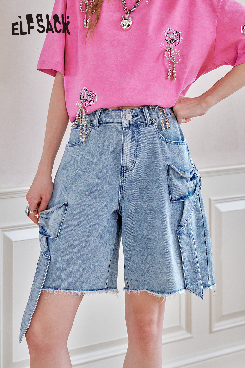 ELFSACK Retro Bow Casual Denim Shorts