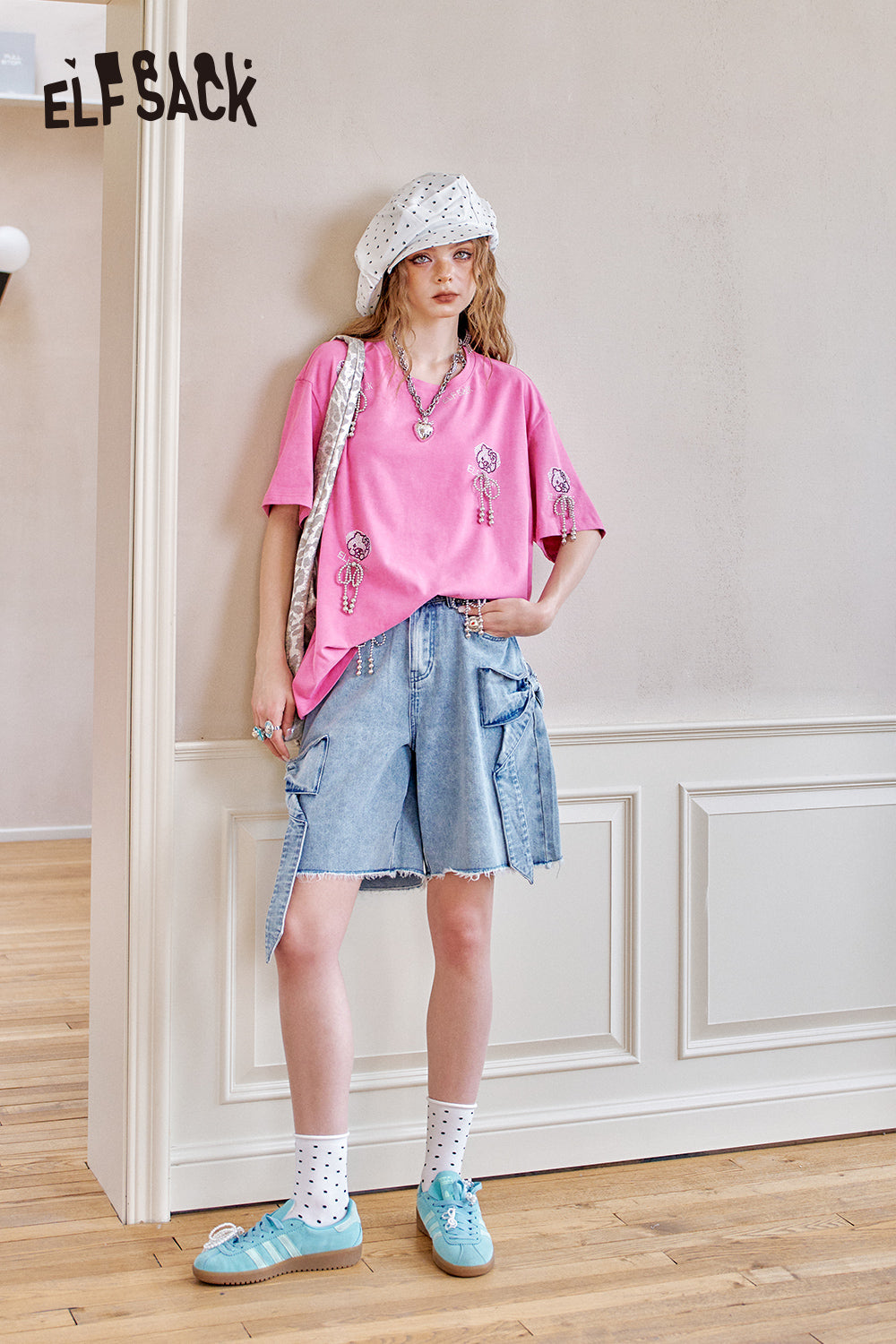 ELFSACK Retro Bow Casual Denim Shorts