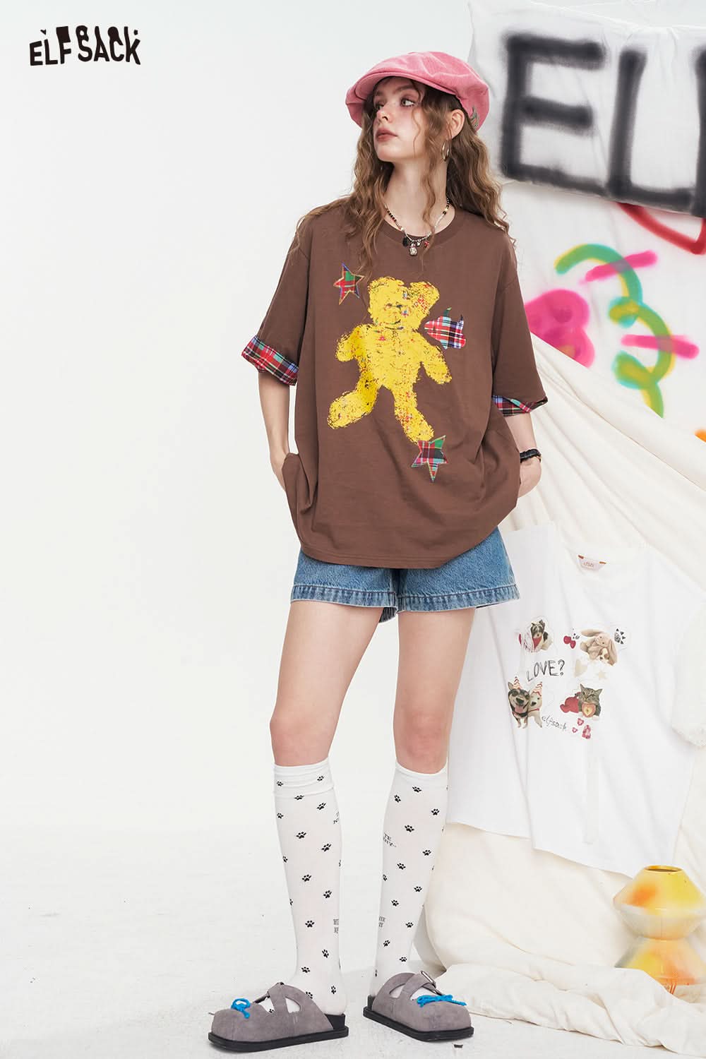 ELFSACK Deep Blue High Waisted Loose Casual Denim Shorts