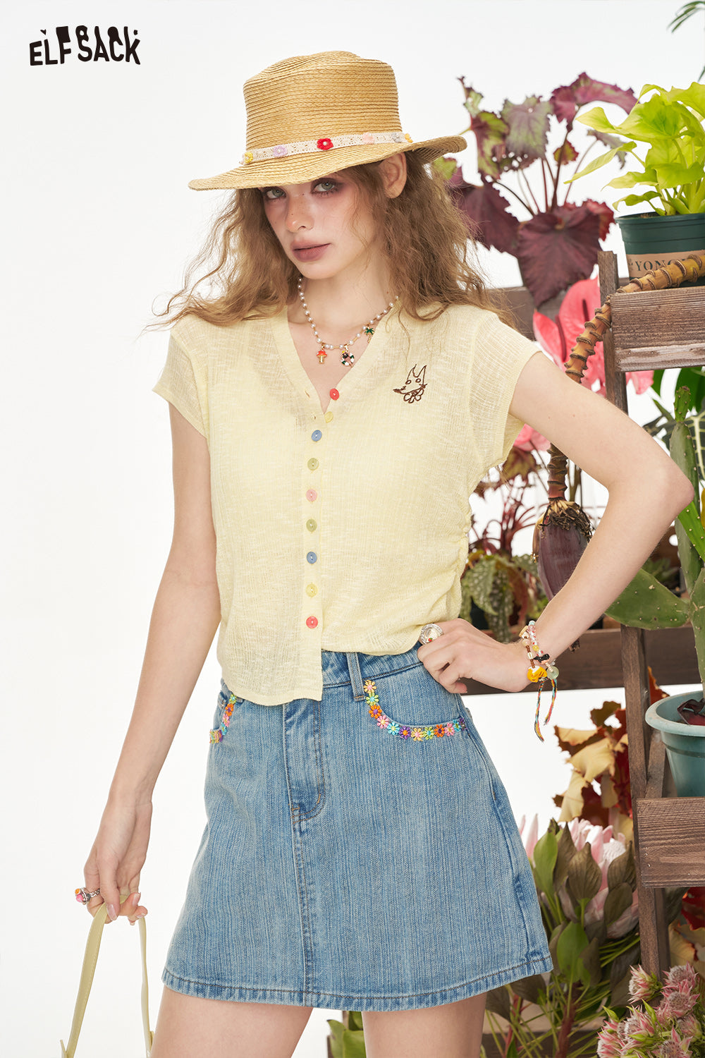 ELFSACK Y2K Dopamine Flower Embroidered Skirt Pants Jeans