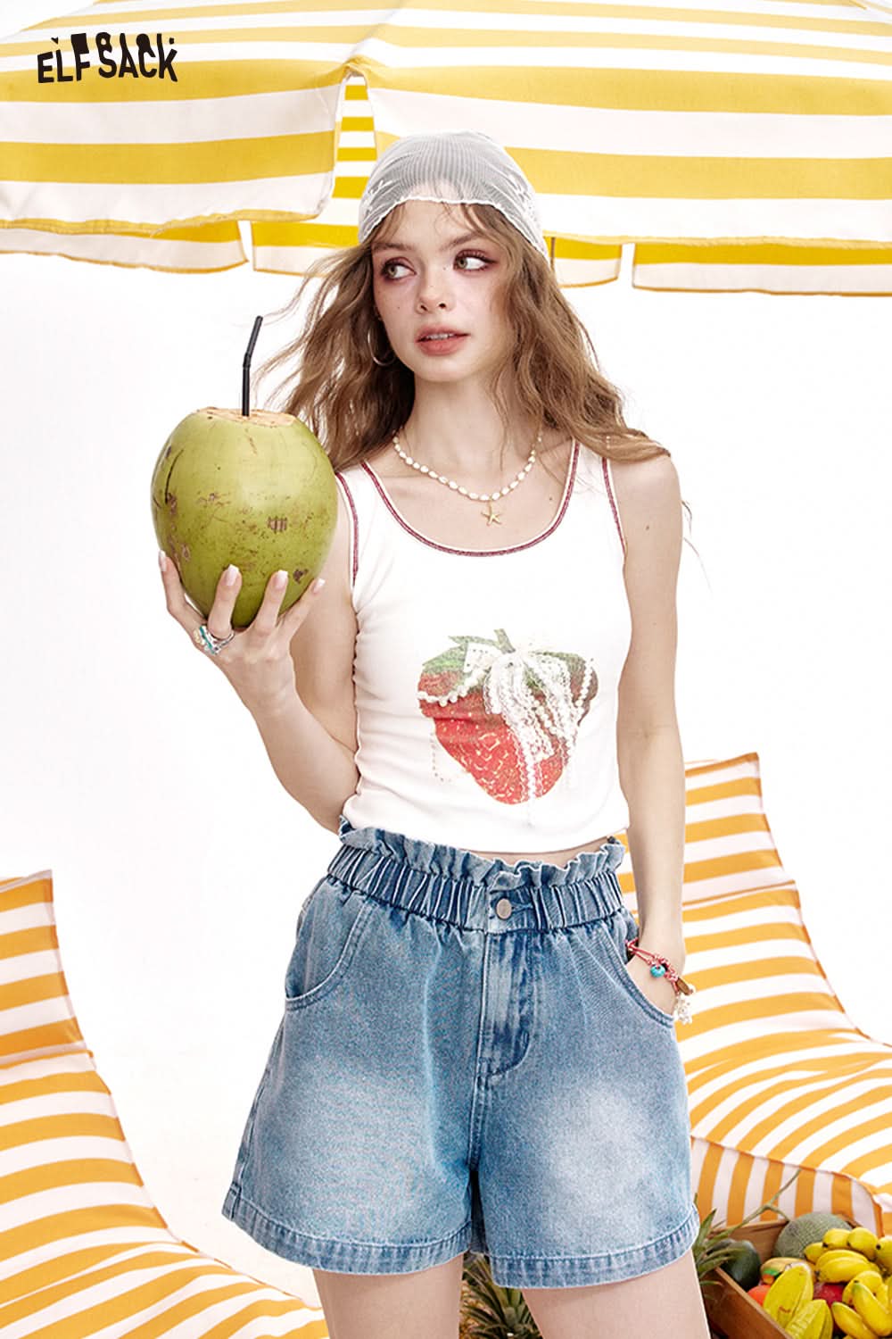 ELFSACK Blue High Waisted Loose Casual Denim Shorts