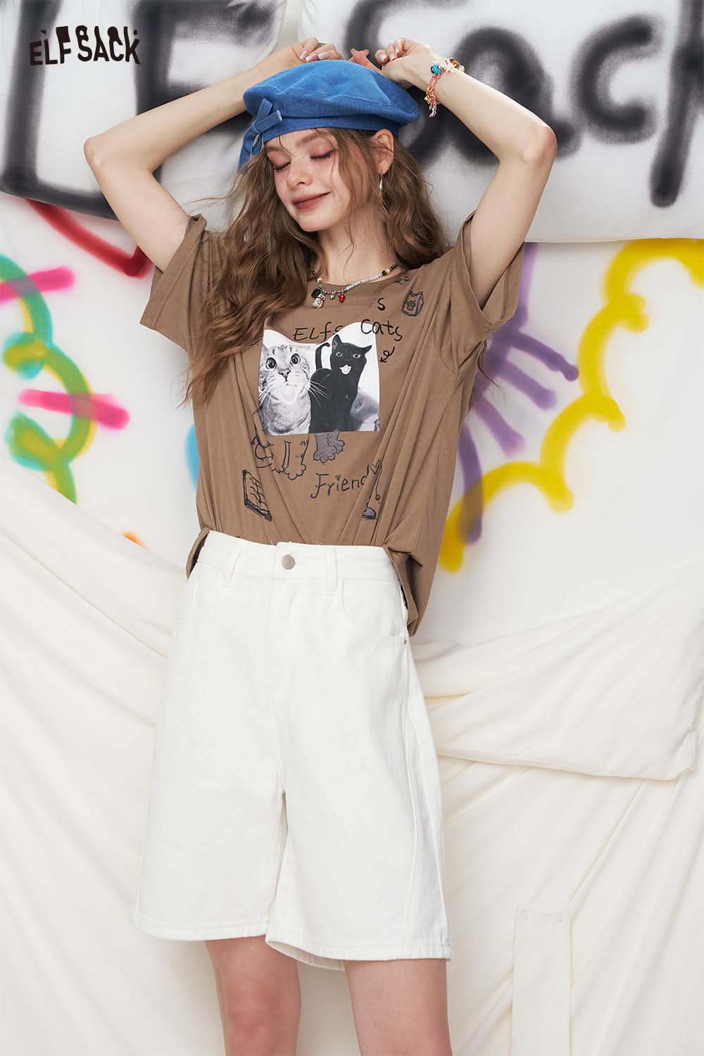 ELFSACK White High Waisted Straight Leg Casual Denim Shorts