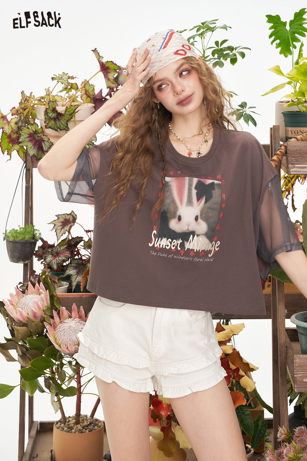 ELFSACK Retro Double-Layer Lace High Waisted Casual Denim Shorts