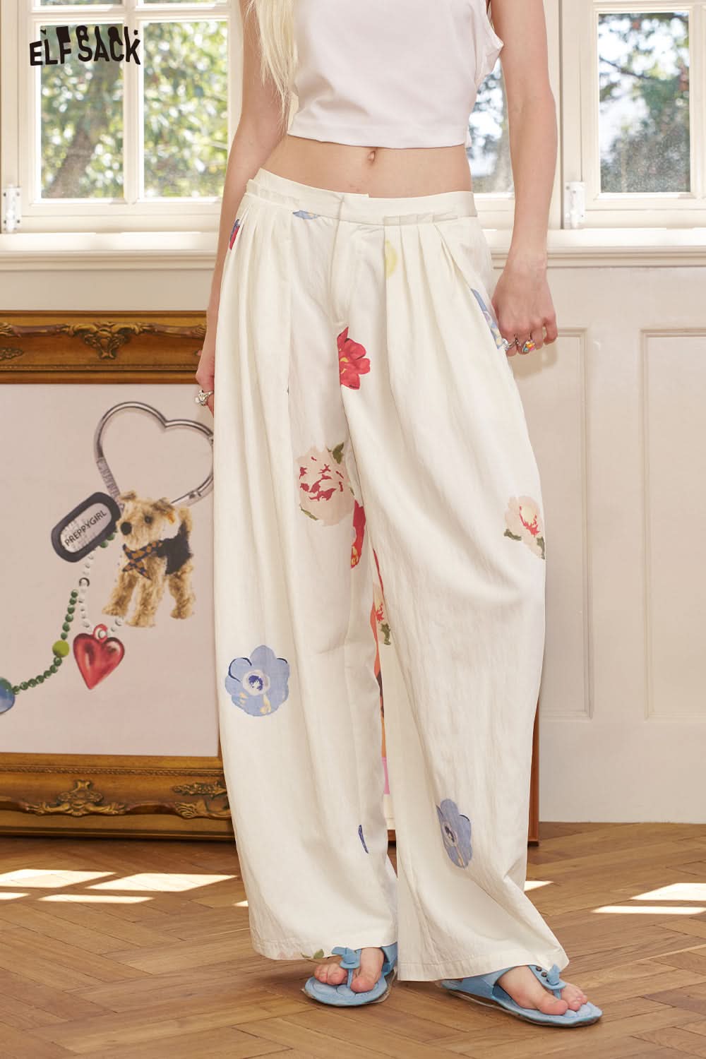 ELFSACK Hand Drawn Flower Pleated Casual Straight Leg Wide Leg Pants