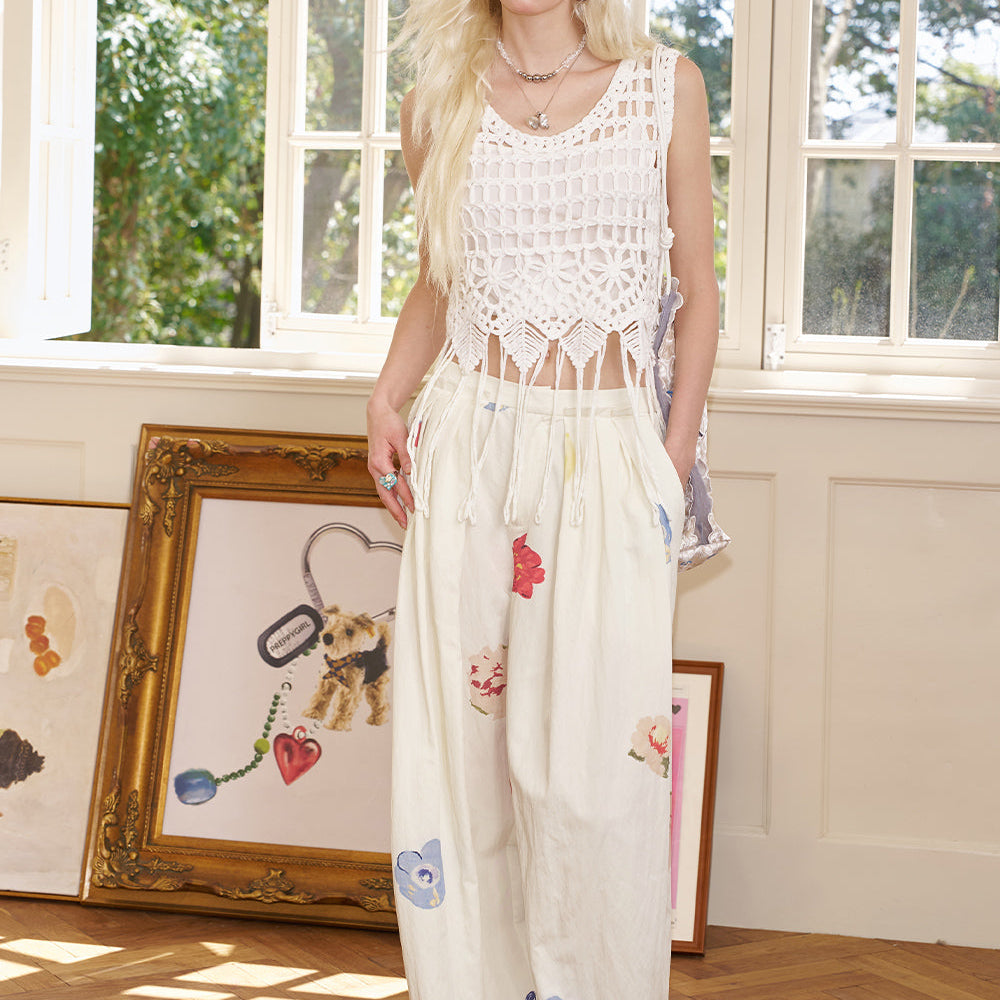 
                  
                    ELFSACK 2025 Summer New Arrivals Hand Drawn Flower Pleated Casual Straight Leg Wide Leg Pants For Women
                  
                