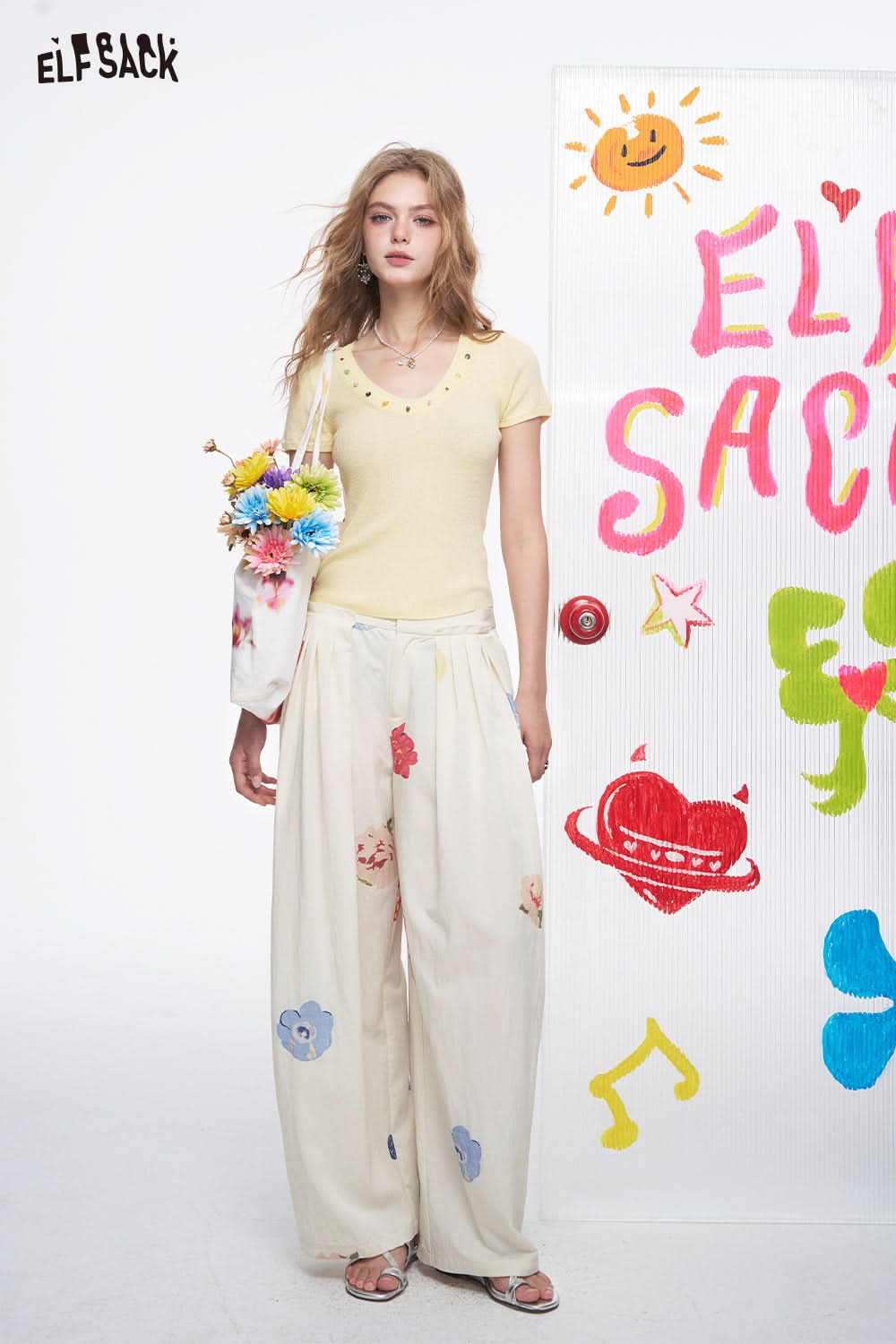 ELFSACK Hand Drawn Flower Pleated Casual Straight Leg Wide Leg Pants