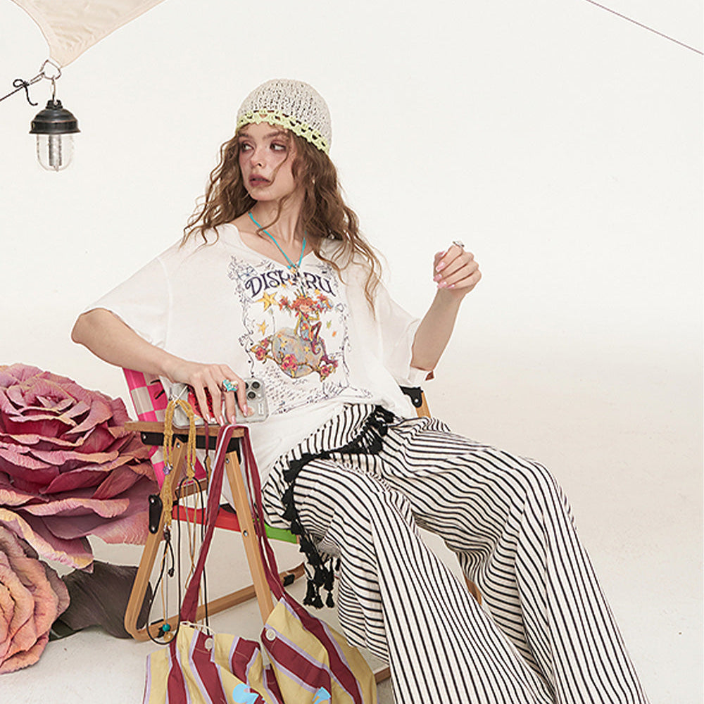 ELFSACK 2025 Summer New Arrivals Irregular Fart Curtain Fringe Stripe Straight Leg Wide Leg Casual Pants For Women