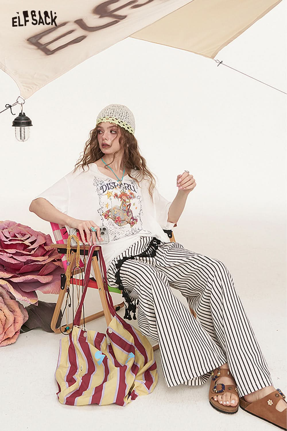 ELFSACK Irregular Fart Curtain Fringe Stripe Straight Leg Wide Leg Casual Pants