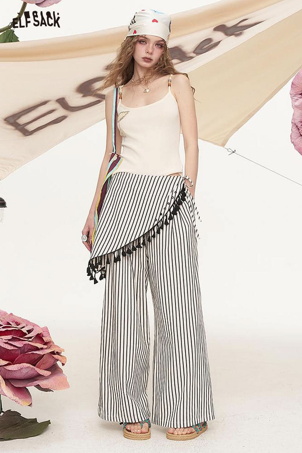 ELFSACK Irregular Fart Curtain Fringe Stripe Straight Leg Wide Leg Casual Pants